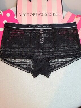 Victoria's Secret Sheer Lace Logo Band Boyshort Panty Size Lg Black